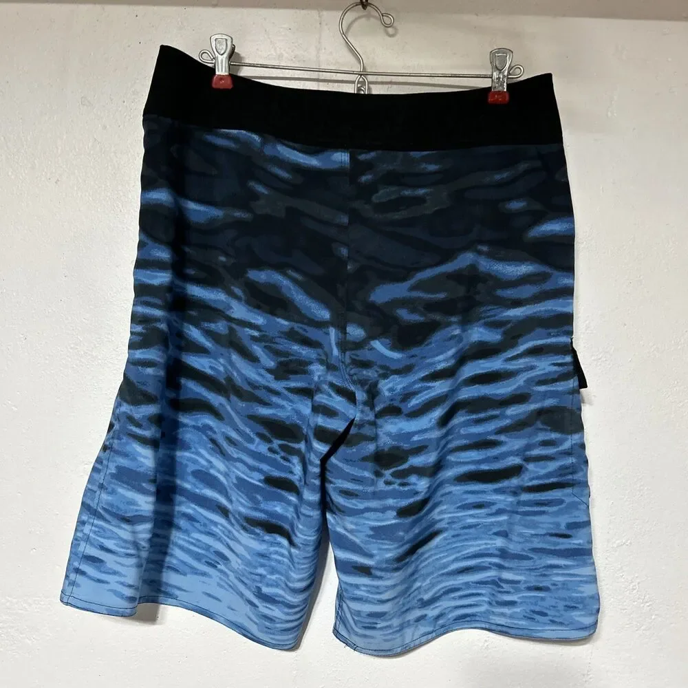 Matix Mens Board Shorts Sz. 32 Blue Black Water Waves Tie Front